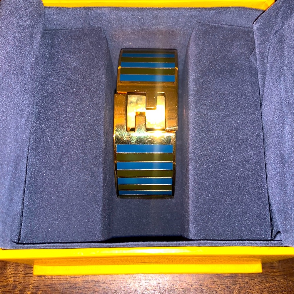 Fendi Gold and Blue Striped Hinged Cuff Bracelet - Picture 2 of 8